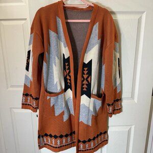 Women’s Cardigan Open Duster Southwestern Aztec Tribal Size L Long Sleeve